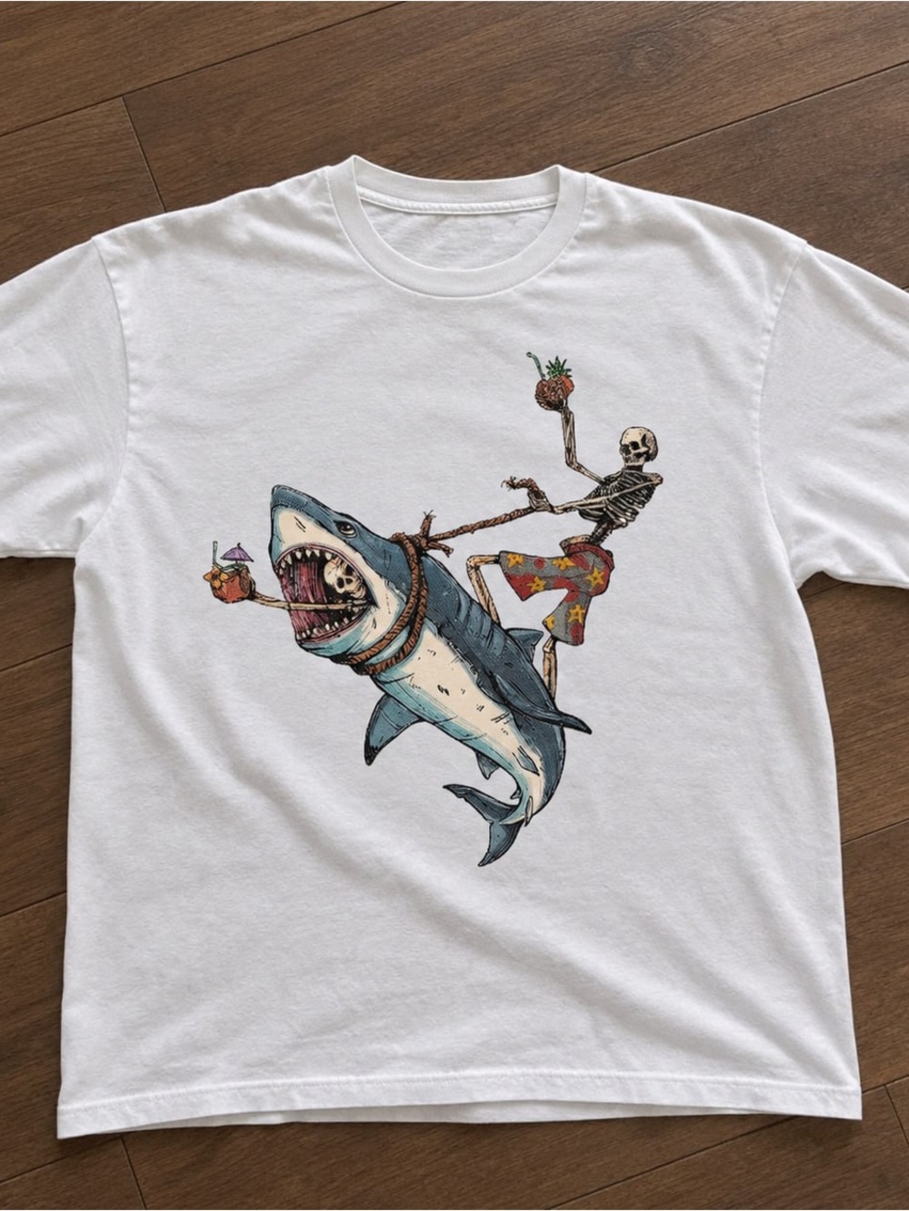 Blue Shark and Skeleton Tropical Gildan White Tee Graphic